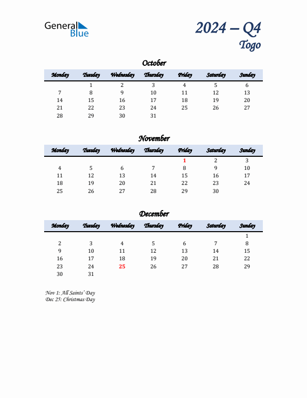 October, November, and December Calendar for Togo with Monday Start