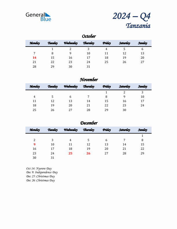 October, November, and December Calendar for Tanzania with Monday Start