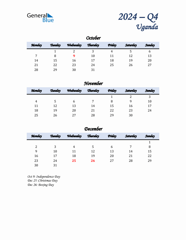 October, November, and December Calendar for Uganda with Monday Start