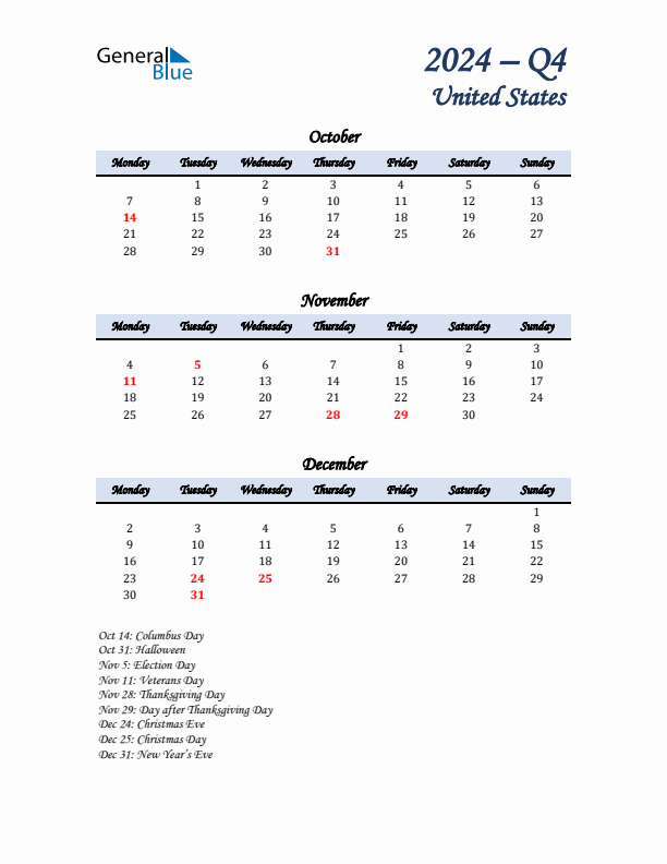 October, November, and December Calendar for United States with Monday Start