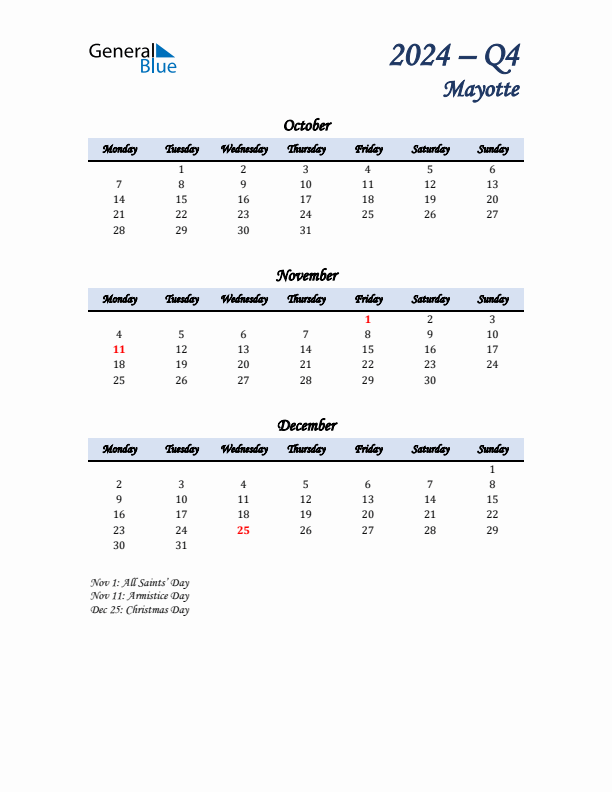 October, November, and December Calendar for Mayotte with Monday Start