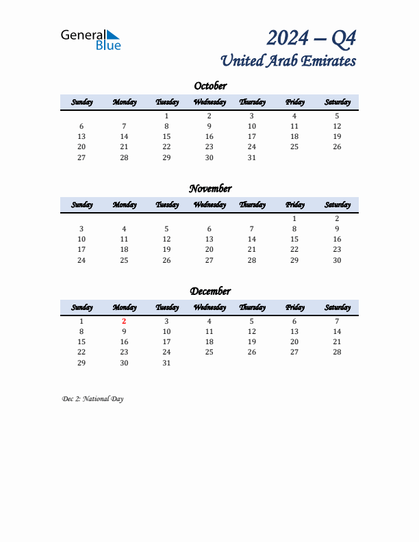 October, November, and December Calendar for United Arab Emirates with Sunday Start