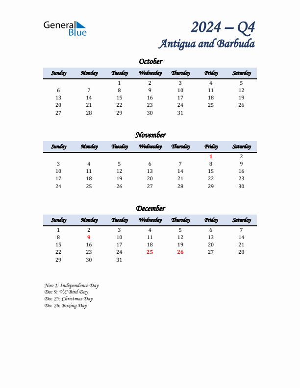 October, November, and December Calendar for Antigua and Barbuda with Sunday Start