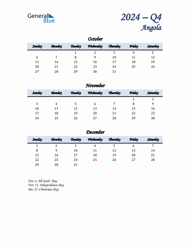 October, November, and December Calendar for Angola with Sunday Start