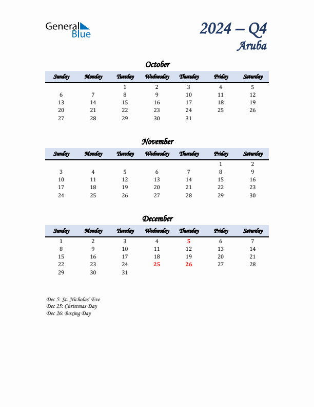 October, November, and December Calendar for Aruba with Sunday Start