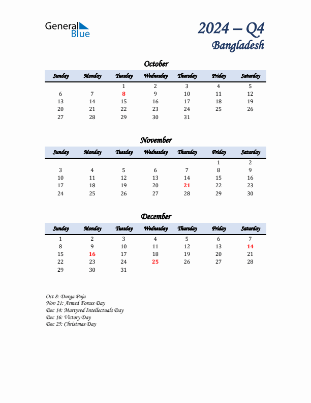 October, November, and December Calendar for Bangladesh with Sunday Start