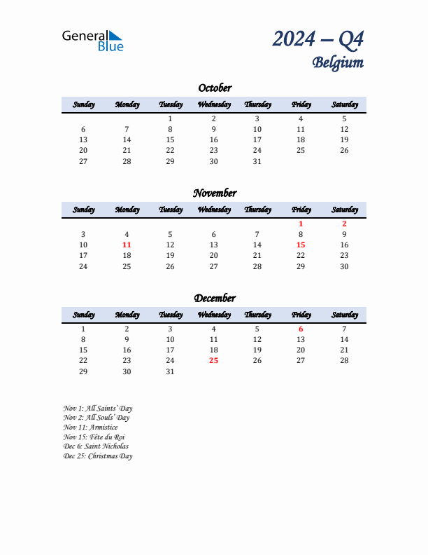 October, November, and December Calendar for Belgium with Sunday Start