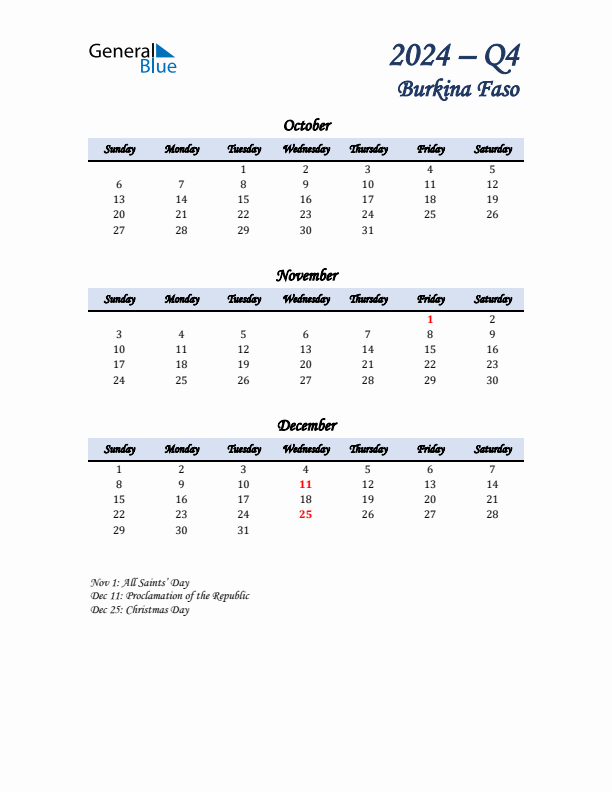 October, November, and December Calendar for Burkina Faso with Sunday Start
