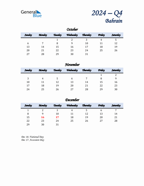 October, November, and December Calendar for Bahrain with Sunday Start