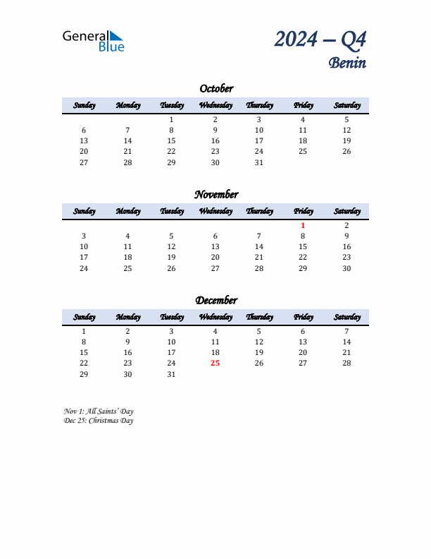 October, November, and December Calendar for Benin with Sunday Start