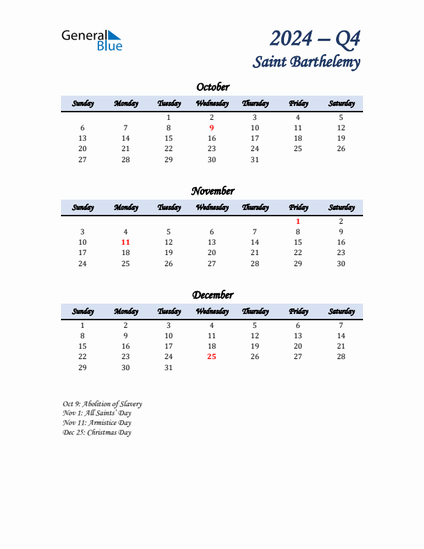 October, November, and December Calendar for Saint Barthelemy with Sunday Start