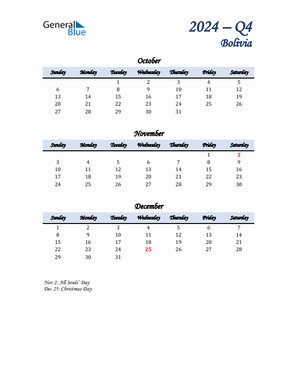 October, November, and December Calendar for Bolivia with Sunday Start