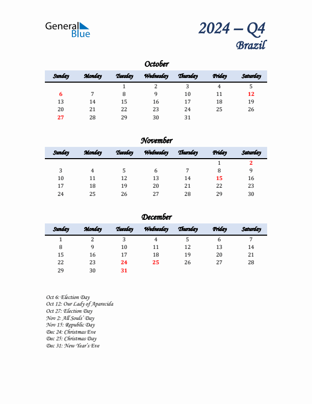 October, November, and December Calendar for Brazil with Sunday Start