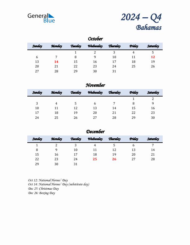 October, November, and December Calendar for Bahamas with Sunday Start