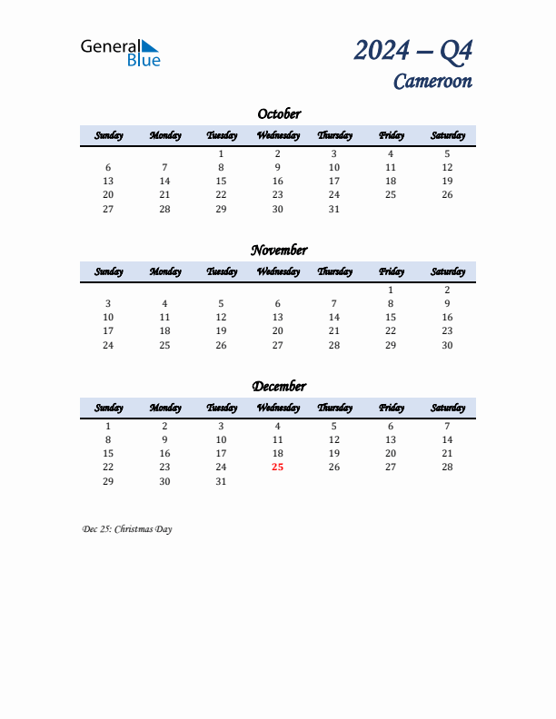 October, November, and December Calendar for Cameroon with Sunday Start