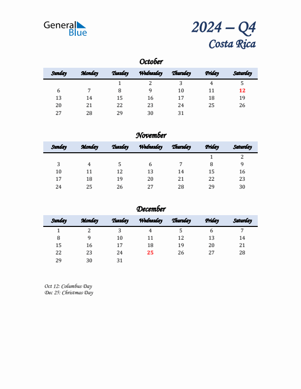 October, November, and December Calendar for Costa Rica with Sunday Start