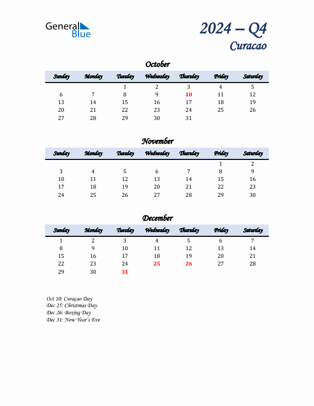 October, November, and December Calendar for Curacao with Sunday Start