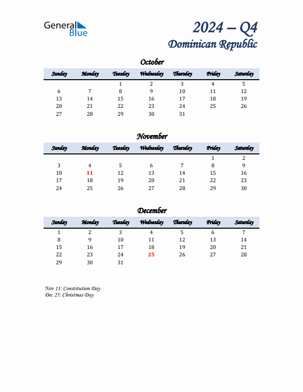 October, November, and December Calendar for Dominican Republic with Sunday Start