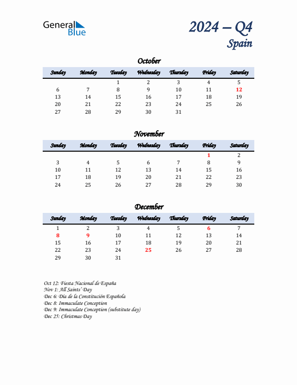 October, November, and December Calendar for Spain with Sunday Start