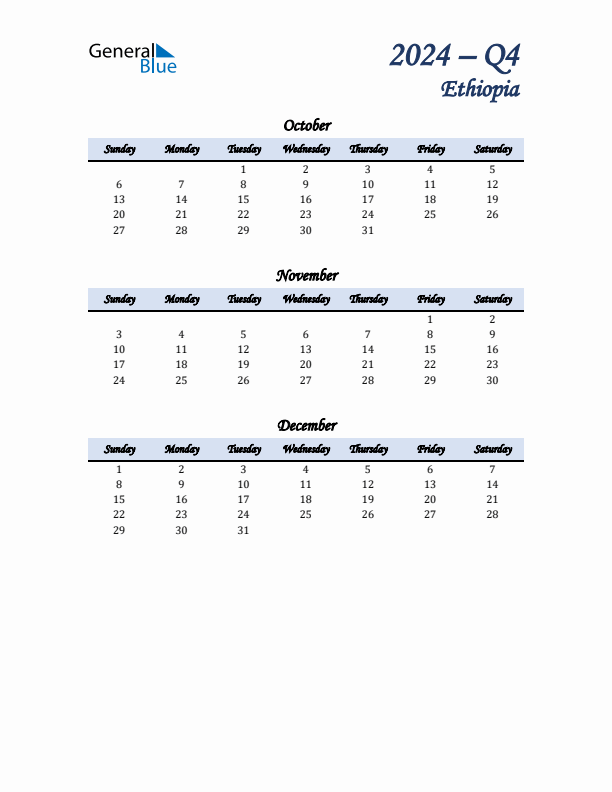 October, November, and December Calendar for Ethiopia with Sunday Start