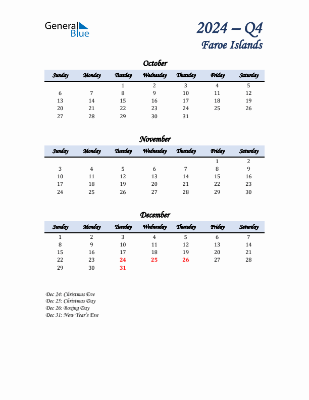 October, November, and December Calendar for Faroe Islands with Sunday Start