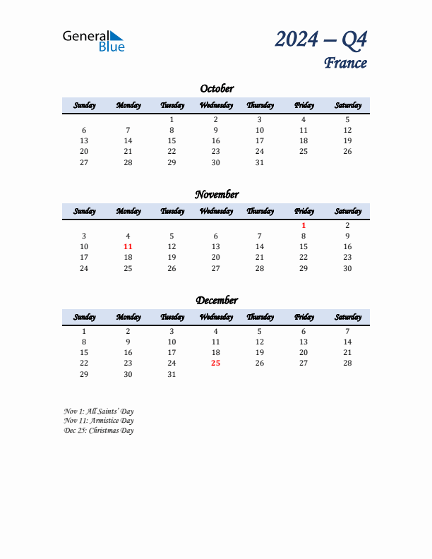 October, November, and December Calendar for France with Sunday Start