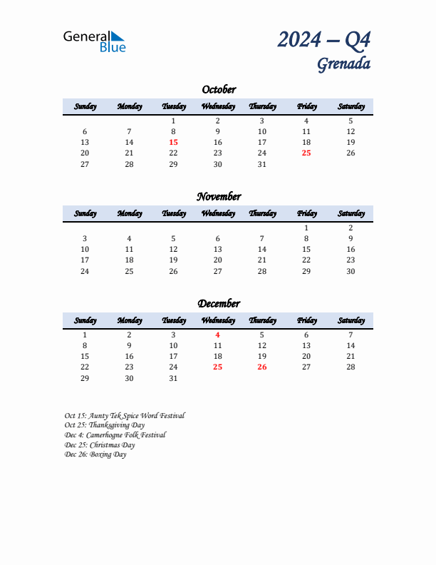 October, November, and December Calendar for Grenada with Sunday Start