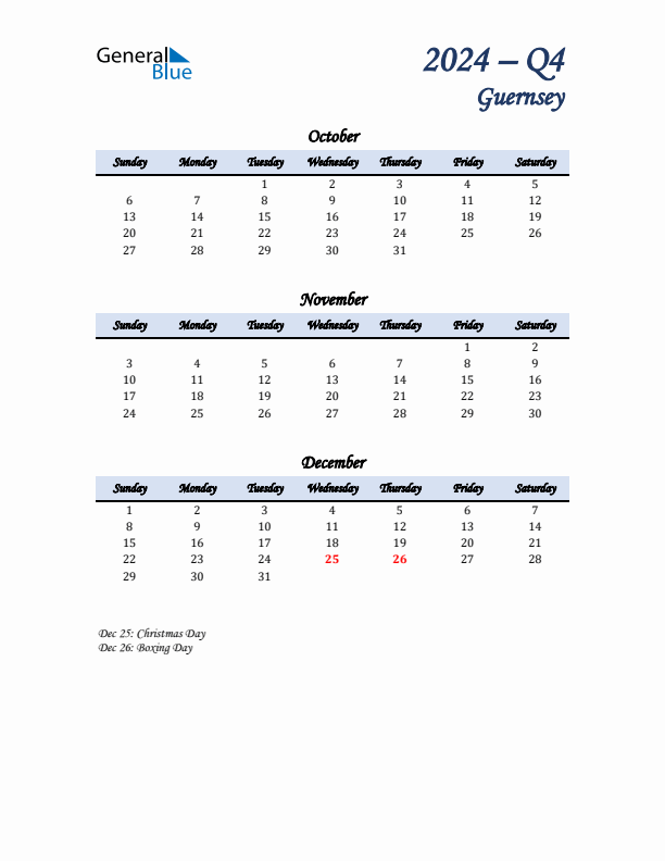 October, November, and December Calendar for Guernsey with Sunday Start