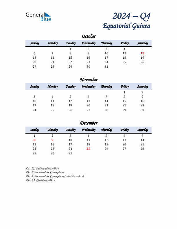 October, November, and December Calendar for Equatorial Guinea with Sunday Start