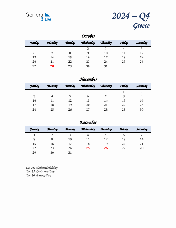 October, November, and December Calendar for Greece with Sunday Start