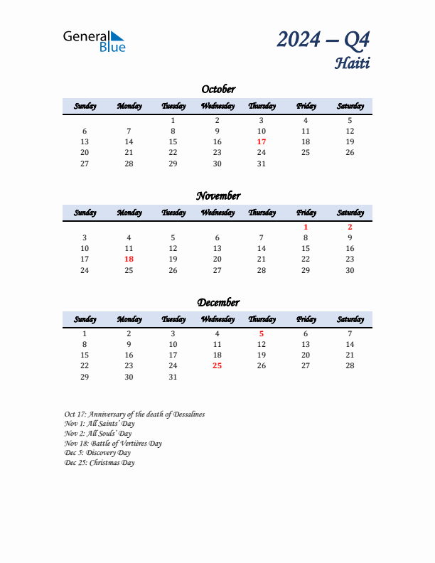 October, November, and December Calendar for Haiti with Sunday Start