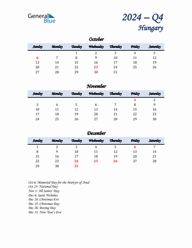 October, November, and December Calendar for Hungary with Sunday Start