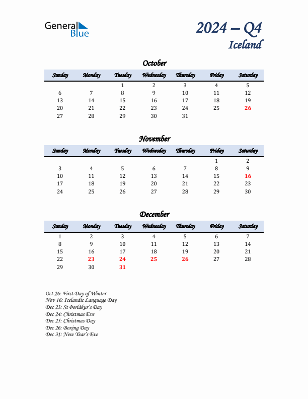 October, November, and December Calendar for Iceland with Sunday Start