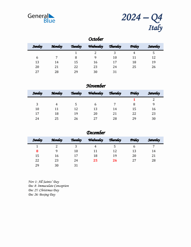 October, November, and December Calendar for Italy with Sunday Start