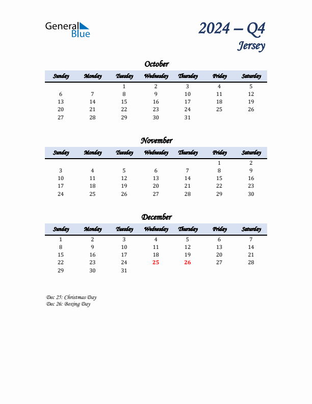 October, November, and December Calendar for Jersey with Sunday Start