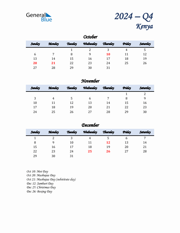 October, November, and December Calendar for Kenya with Sunday Start