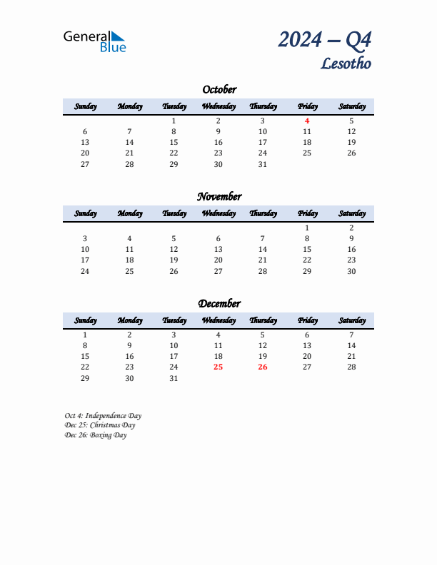 October, November, and December Calendar for Lesotho with Sunday Start