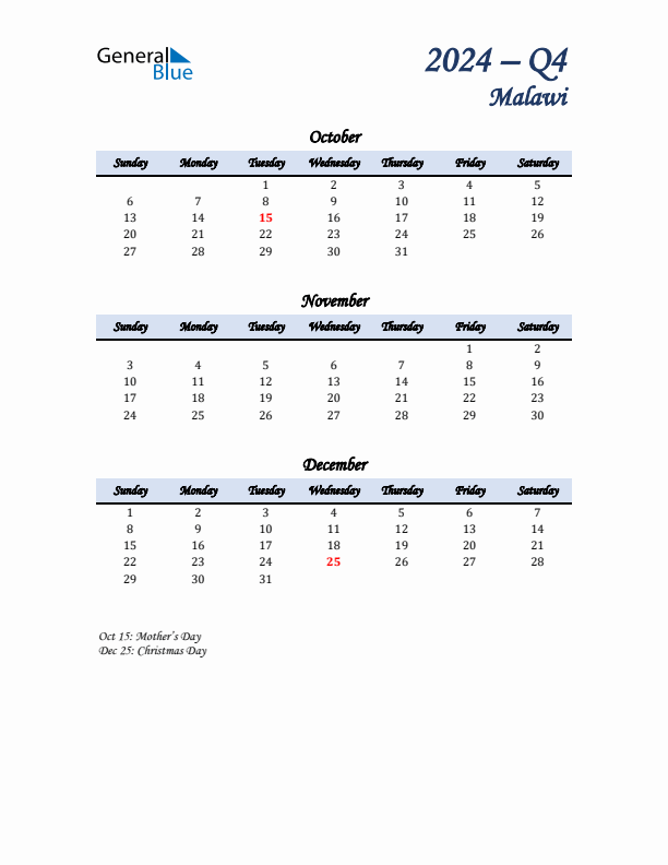 October, November, and December Calendar for Malawi with Sunday Start