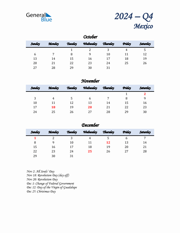 October, November, and December Calendar for Mexico with Sunday Start