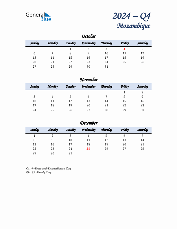 October, November, and December Calendar for Mozambique with Sunday Start