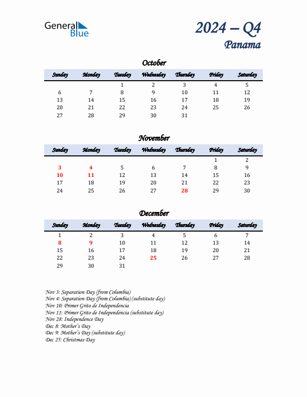 October, November, and December Calendar for Panama with Sunday Start