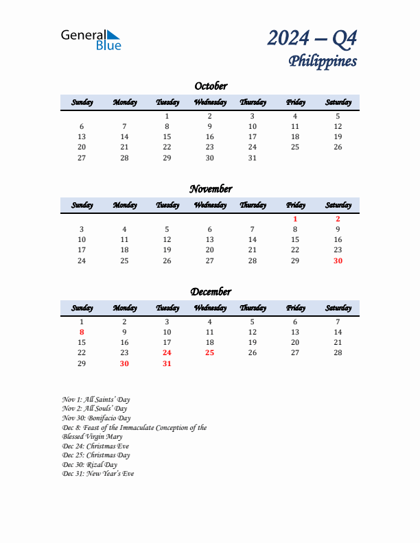 October, November, and December Calendar for Philippines with Sunday Start