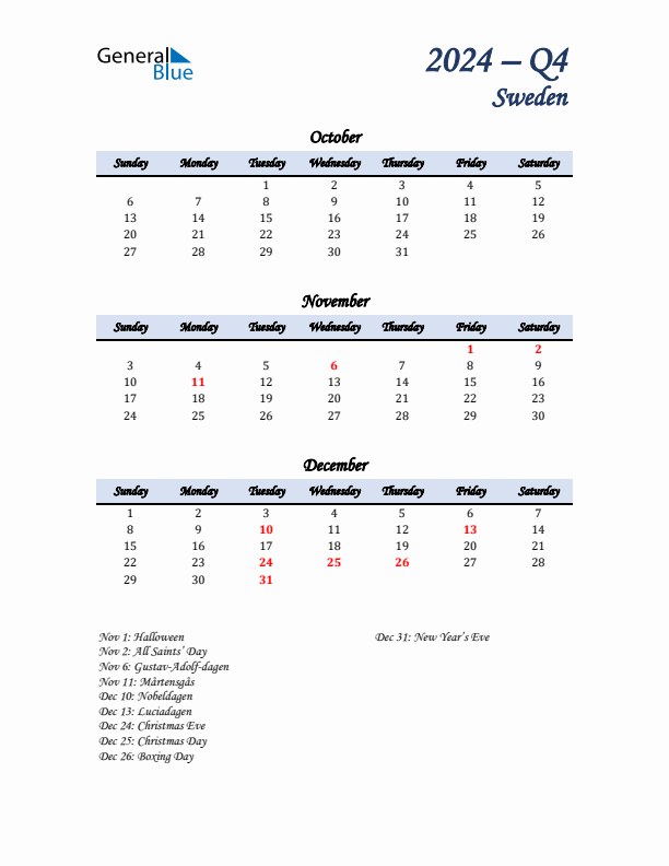 October, November, and December Calendar for Sweden with Sunday Start