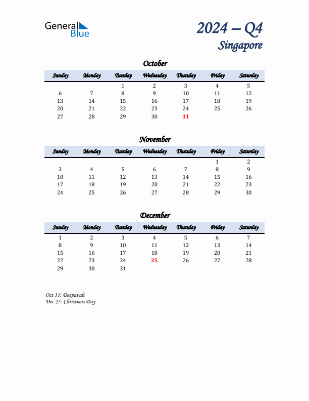 October, November, and December Calendar for Singapore with Sunday Start