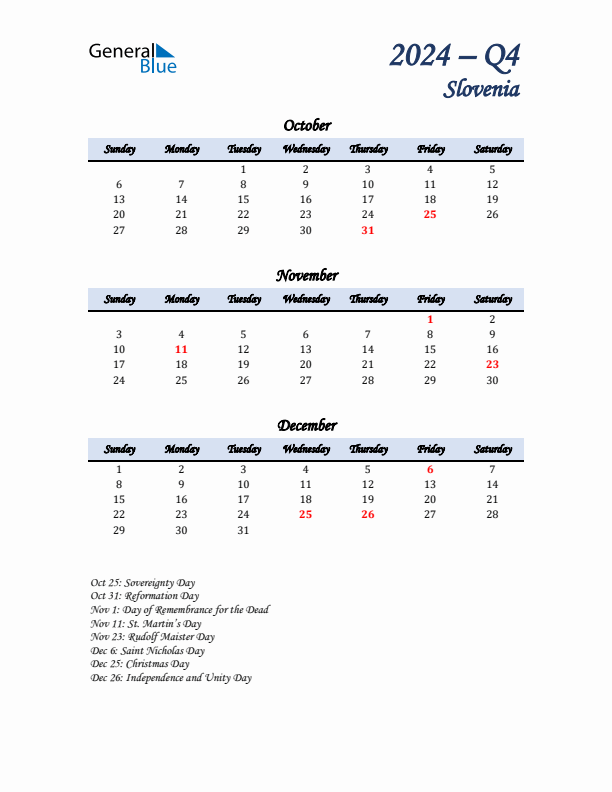 October, November, and December Calendar for Slovenia with Sunday Start