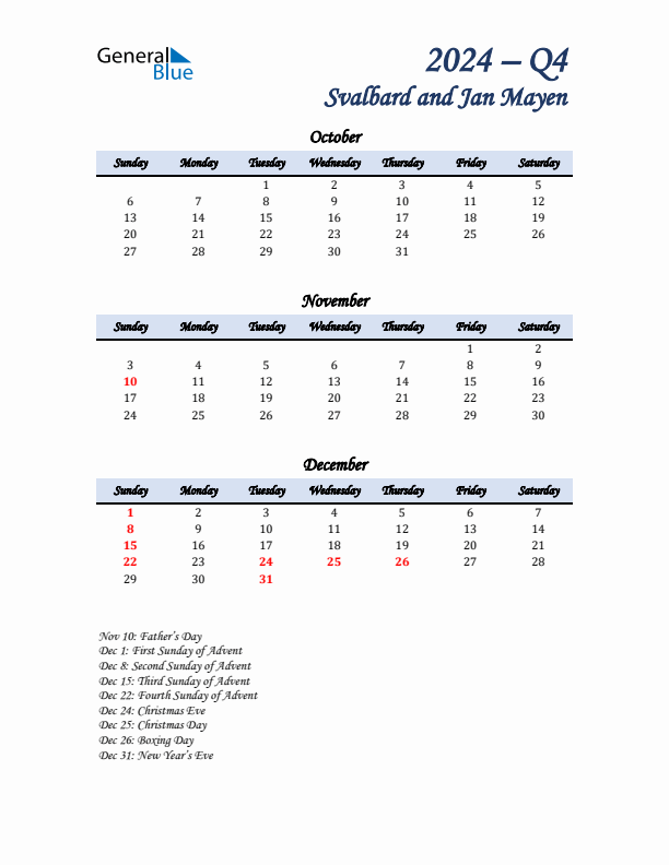 October, November, and December Calendar for Svalbard and Jan Mayen with Sunday Start