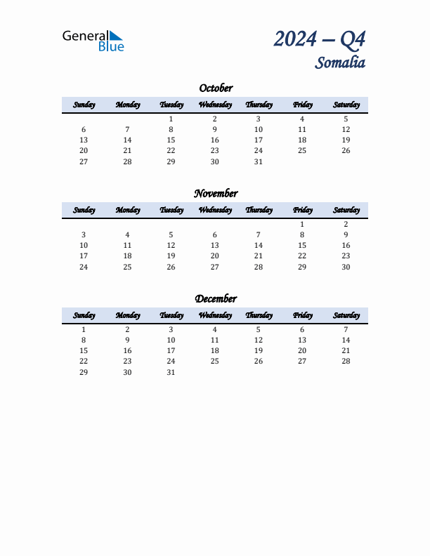 October, November, and December Calendar for Somalia with Sunday Start