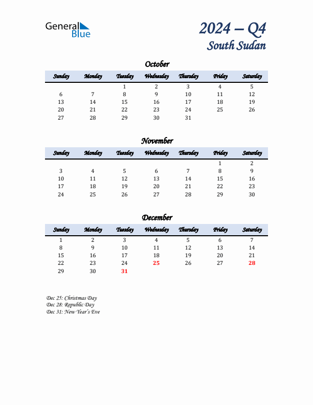 October, November, and December Calendar for South Sudan with Sunday Start