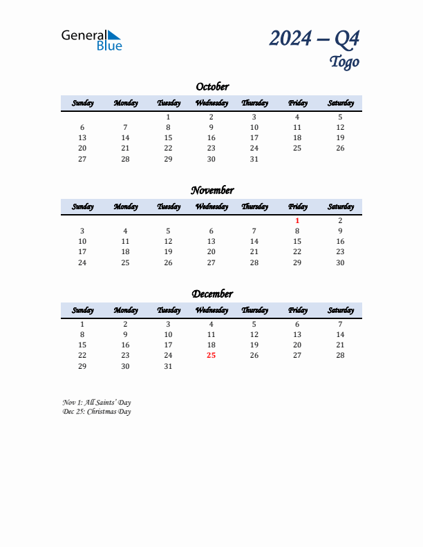 October, November, and December Calendar for Togo with Sunday Start