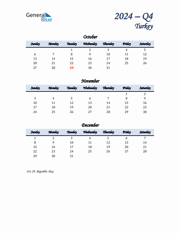 October, November, and December Calendar for Turkey with Sunday Start